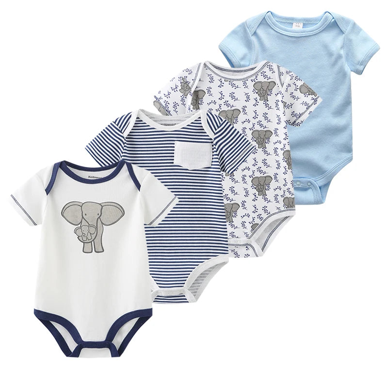 Baby Cartoon Cotton Romper 4-Piece Set | Short Sleeve Newborn Bodysuit 3-12 Months