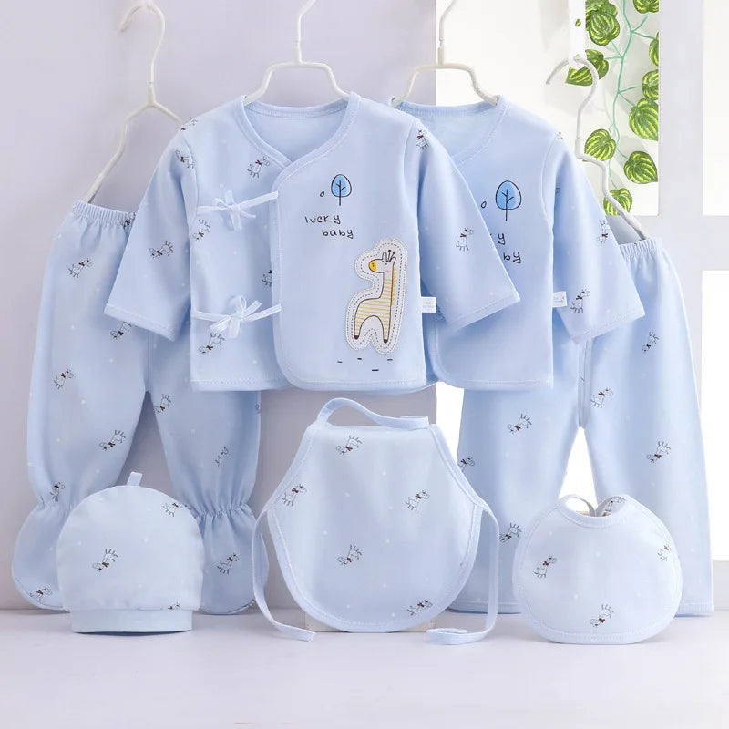 7-Piece Newborn Baby Clothing Set | Cartoon Cotton T-Shirt, Pants & Hat 0-3 Months
