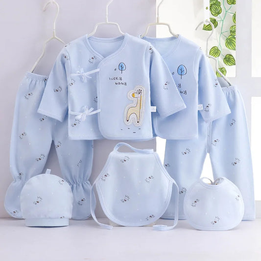 7-Piece Newborn Baby Clothing Set | Cartoon Cotton T-Shirt, Pants & Hat 0-3 Months