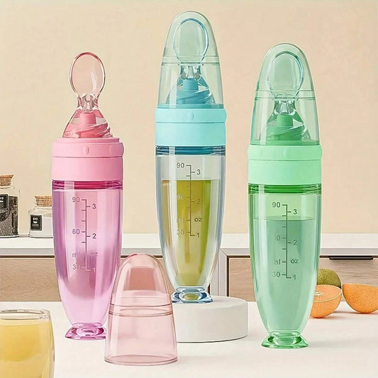 90ml Colourful Silicone Baby Bottle Feeder | Soft Spoon, Suction Cup & Dust Cap | Portable Squeeze Bottle
