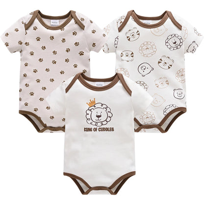 Baby Cotton Bodysuit 3-Pack | Lion Print Short Sleeve Romper 0-12 Months