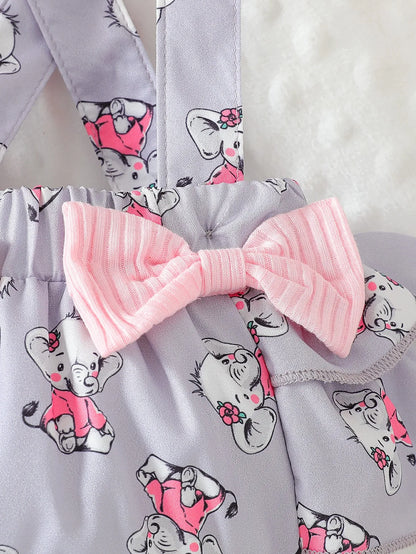 Baby Girl Elephant Print T-Shirt, Headband & Overalls Set