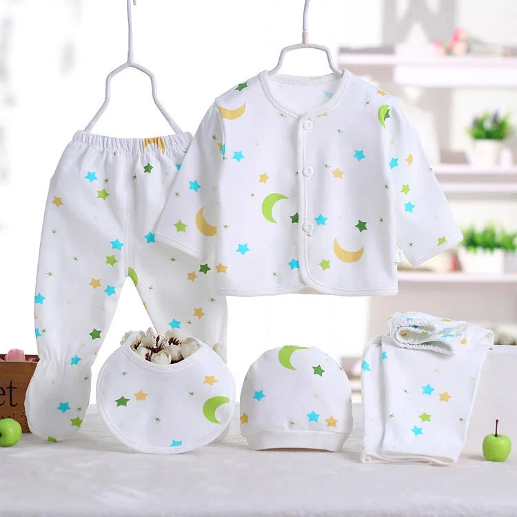 5-Piece Newborn Baby Clothing Set | Cartoon Cotton Tops & Pants 0-3 Months