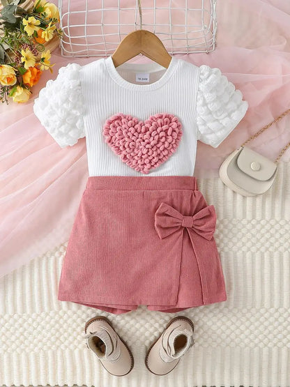 Girls Heart Puff Sleeve Top & Bow Shorts Set