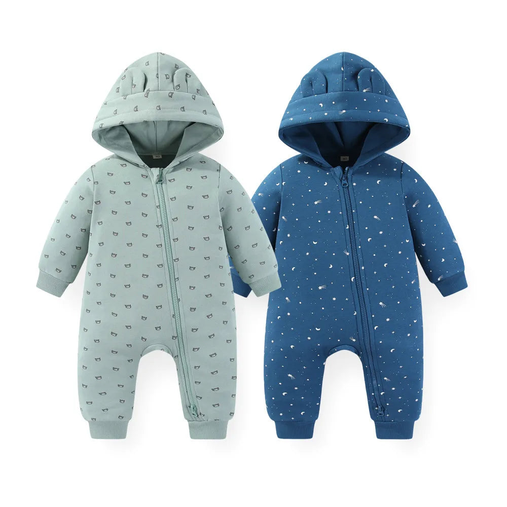 Baby Unisex Cotton Hooded Romper 2-Pack | 2-Way Zipper Long Sleeve 0-24 Months