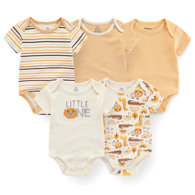 Baby Unisex Cotton Bodysuit 5-Pack | Short Sleeve Cartoon Print 0-12 Months