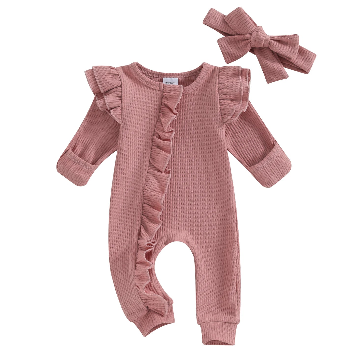 Baby Girl Ruffle Sleeve Zipper Romper & Bow Headband Set | Solid Colour 0-12 Months