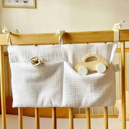 Baby Crib Storage Bag | Cotton Double Pouch Bed Organiser for Nappies, Toys & Essentials