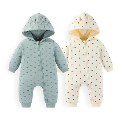 Baby Unisex Cotton Hooded Romper 2-Pack | 2-Way Zipper Long Sleeve 0-24 Months