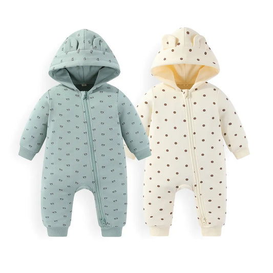 Baby Unisex Cotton Hooded Romper 2-Pack | 2-Way Zipper Long Sleeve 0-24 Months