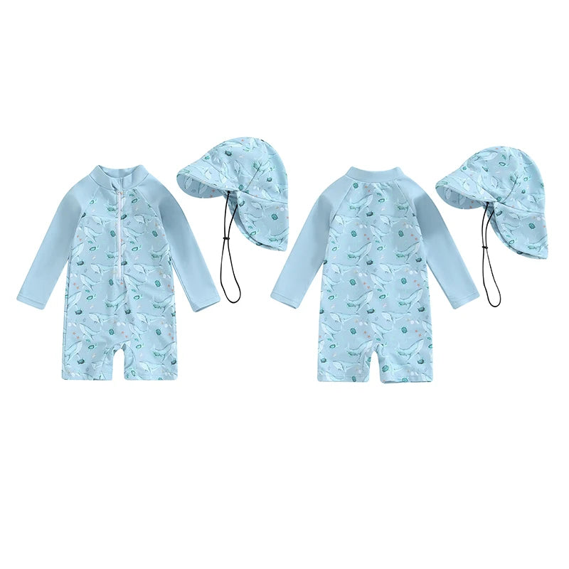 Baby Boy Whale Print Rash Guard & Sun Hat Swimwear Set | 0-3 Years