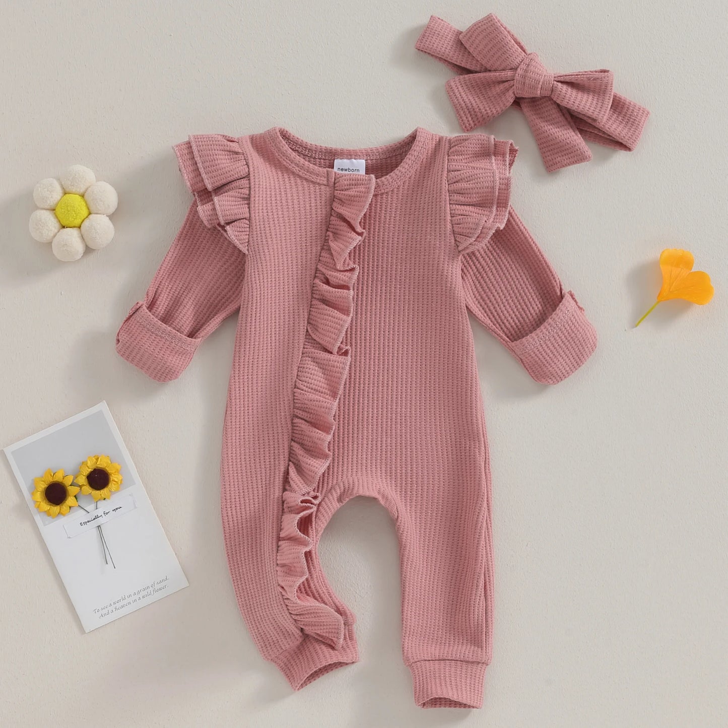 Baby Girl Ruffle Sleeve Zipper Romper & Bow Headband Set | Solid Colour 0-12 Months