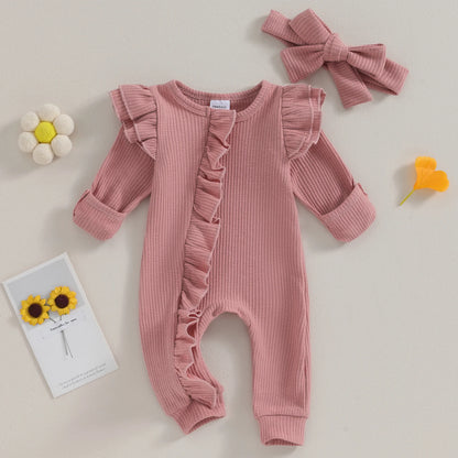 Baby Girl Ruffle Sleeve Zipper Romper & Bow Headband Set | Solid Colour 0-12 Months