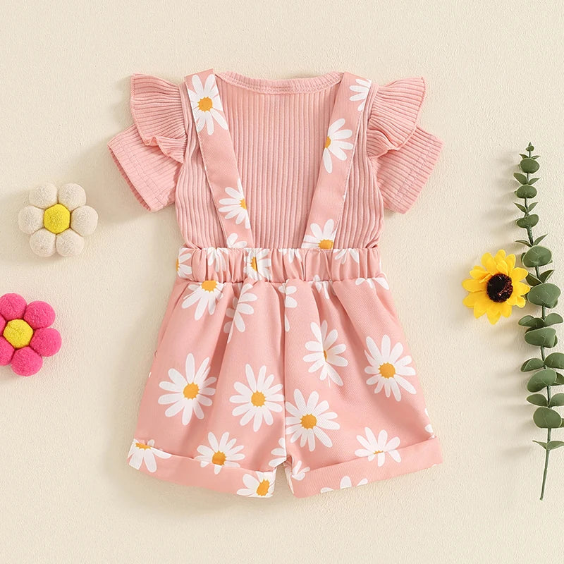 Baby Girl Flower Print Romper & Suspender Shorts Set | Summer Outfit 0-18 Months