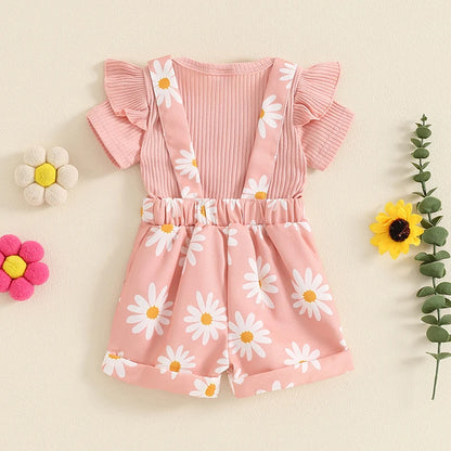 Baby Girl Flower Print Romper & Suspender Shorts Set | Summer Outfit 0-18 Months