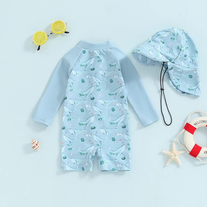 Baby Boy Whale Print Rash Guard & Sun Hat Swimwear Set | 0-3 Years