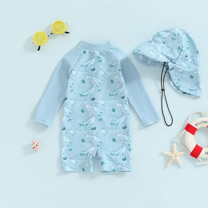 Baby Boy Whale Print Rash Guard & Sun Hat Swimwear Set | 0-3 Years