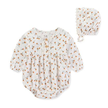 Baby Girl Cotton Lace Bodysuit & Hat Set | Long Sleeve 0-24 Months