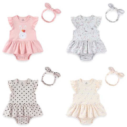 Baby Girl Cartoon Bodysuit & Bow Headband Set | Flutter Sleeve 100% Cotton 0-24M