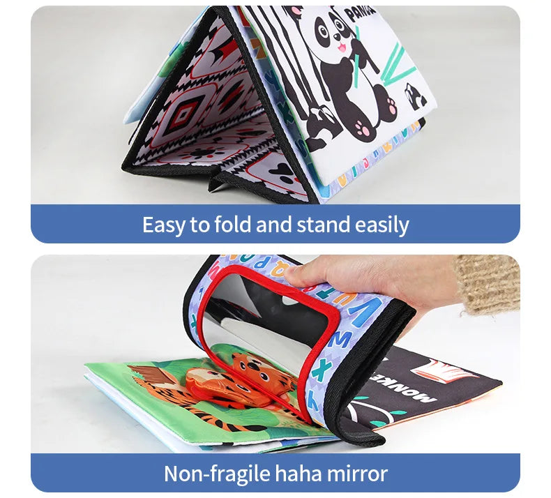 Black & White Baby Cloth Book | Montessori Sensory Toy with Mirror for Newborns 0–12 Months