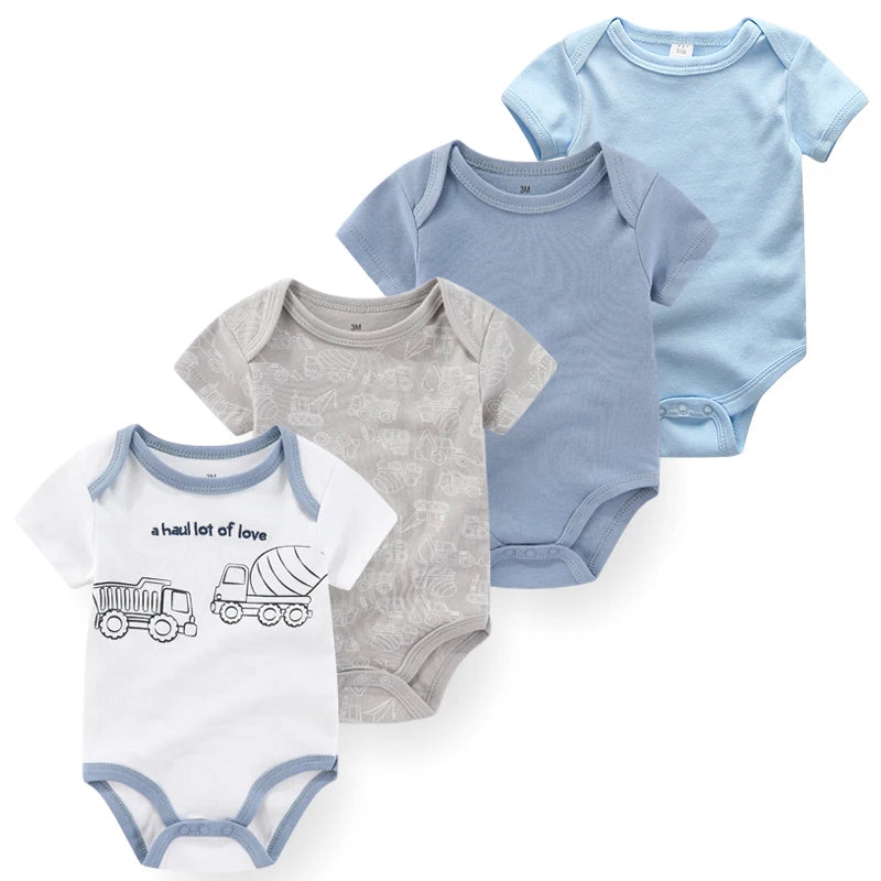 Baby Cartoon Cotton Romper 4-Piece Set | Short Sleeve Newborn Bodysuit 3-12 Months