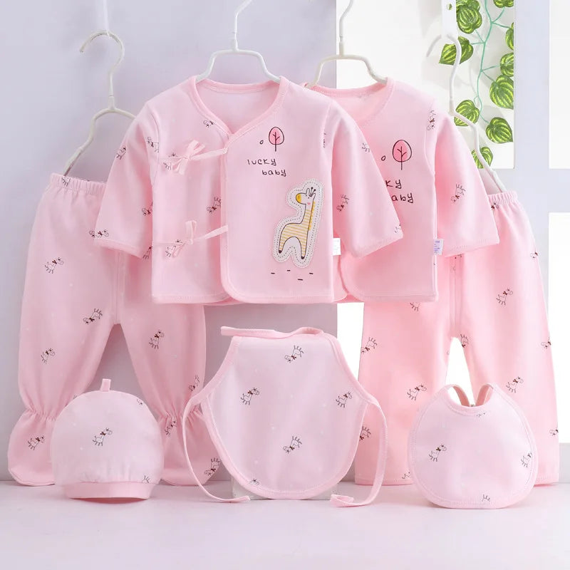 7-Piece Newborn Baby Clothing Set | Cartoon Cotton T-Shirt, Pants & Hat 0-3 Months