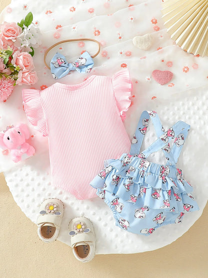 Baby Girl Elephant Print T-Shirt, Headband & Overalls Set