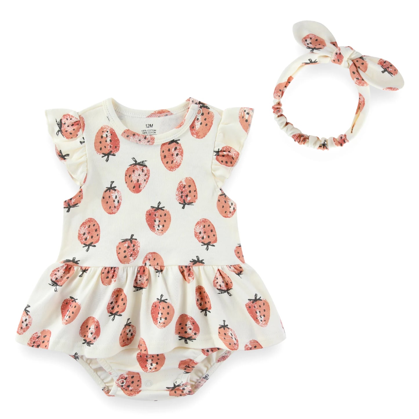 Baby Girl Cartoon Bodysuit & Bow Headband Set | Flutter Sleeve 100% Cotton 0-24M