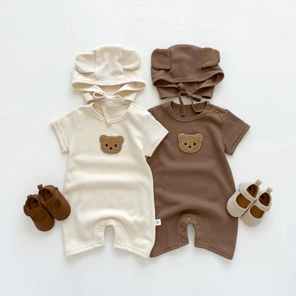 Baby Waffle Bear Romper & Hat Set | Short Sleeve Newborn Jumpsuit 0-24 Months