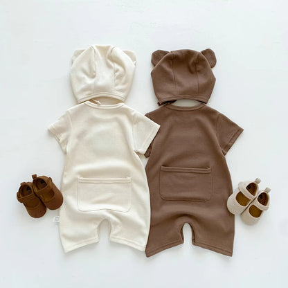 Baby Waffle Bear Romper & Hat Set | Short Sleeve Newborn Jumpsuit 0-24 Months