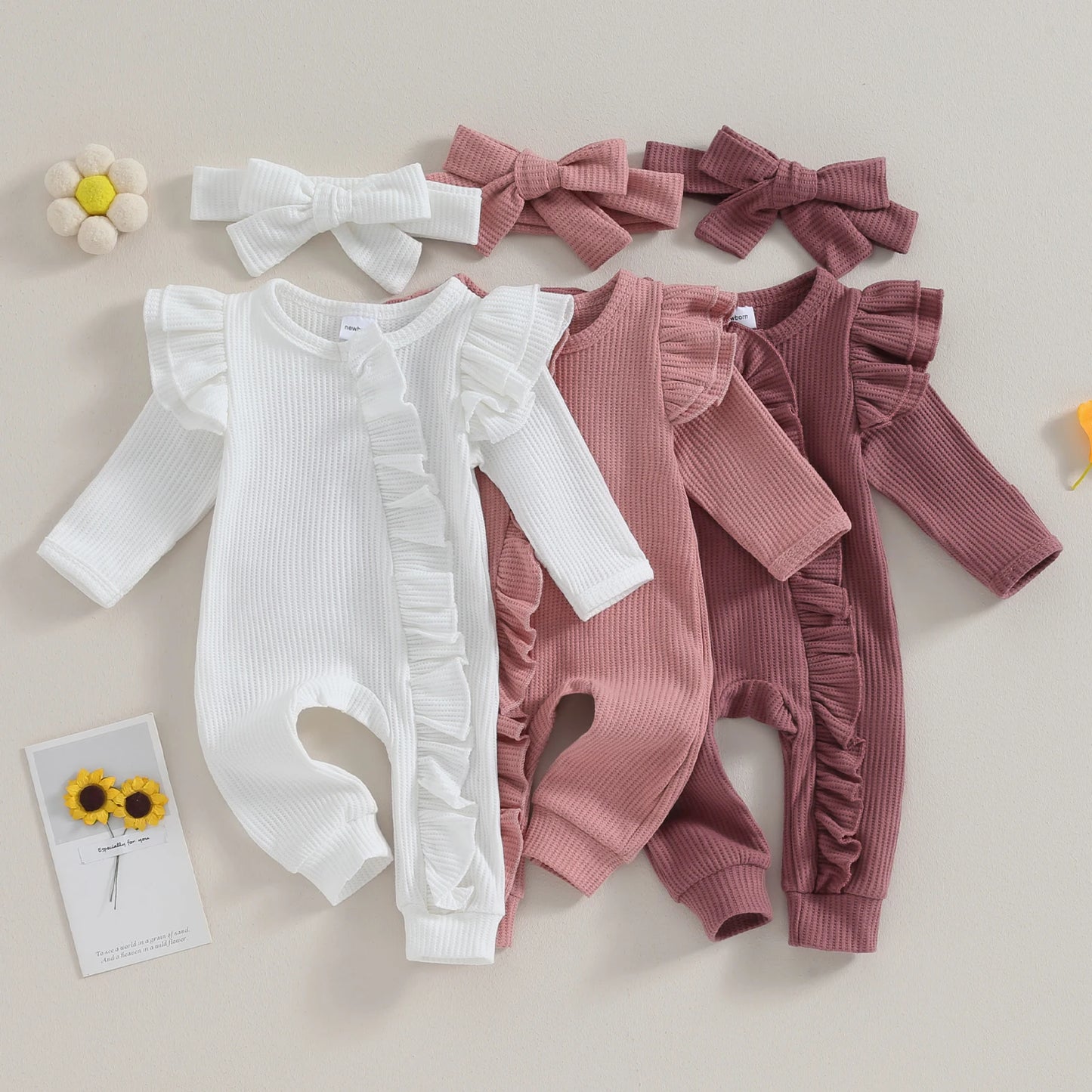 Baby Girl Ruffle Sleeve Zipper Romper & Bow Headband Set | Solid Colour 0-12 Months