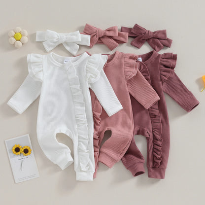 Baby Girl Ruffle Sleeve Zipper Romper & Bow Headband Set | Solid Colour 0-12 Months