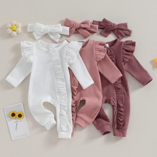 Baby Girl Ruffle Sleeve Zipper Romper & Bow Headband Set | Solid Colour 0-12 Months