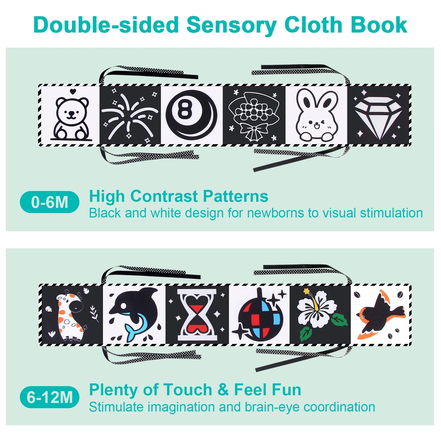 High Contrast Sensory Cloth Book for Babies | Black & White Montessori Newborn Toy