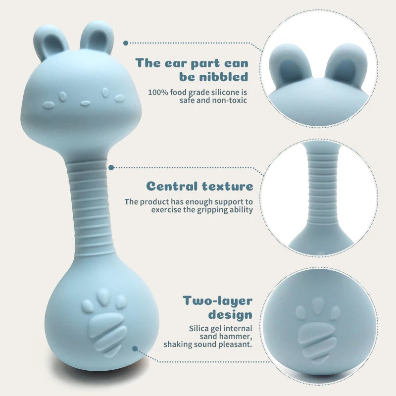 Baby Bunny Silicone Rattle Teether | Easy-Grip Dumbbell Toy for Infants