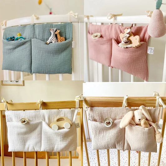 Baby Crib Storage Bag | Cotton Double Pouch Bed Organiser for Nappies, Toys & Essentials