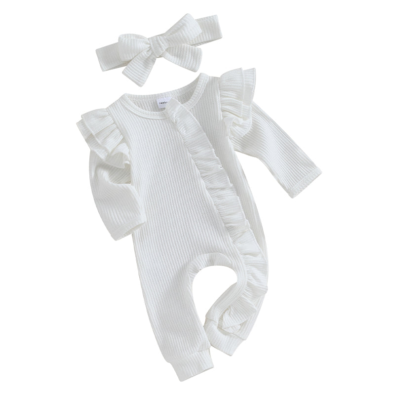 Baby Girl Ruffle Sleeve Zipper Romper & Bow Headband Set | Solid Colour 0-12 Months
