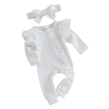 Baby Girl Ruffle Sleeve Zipper Romper & Bow Headband Set | Solid Colour 0-12 Months