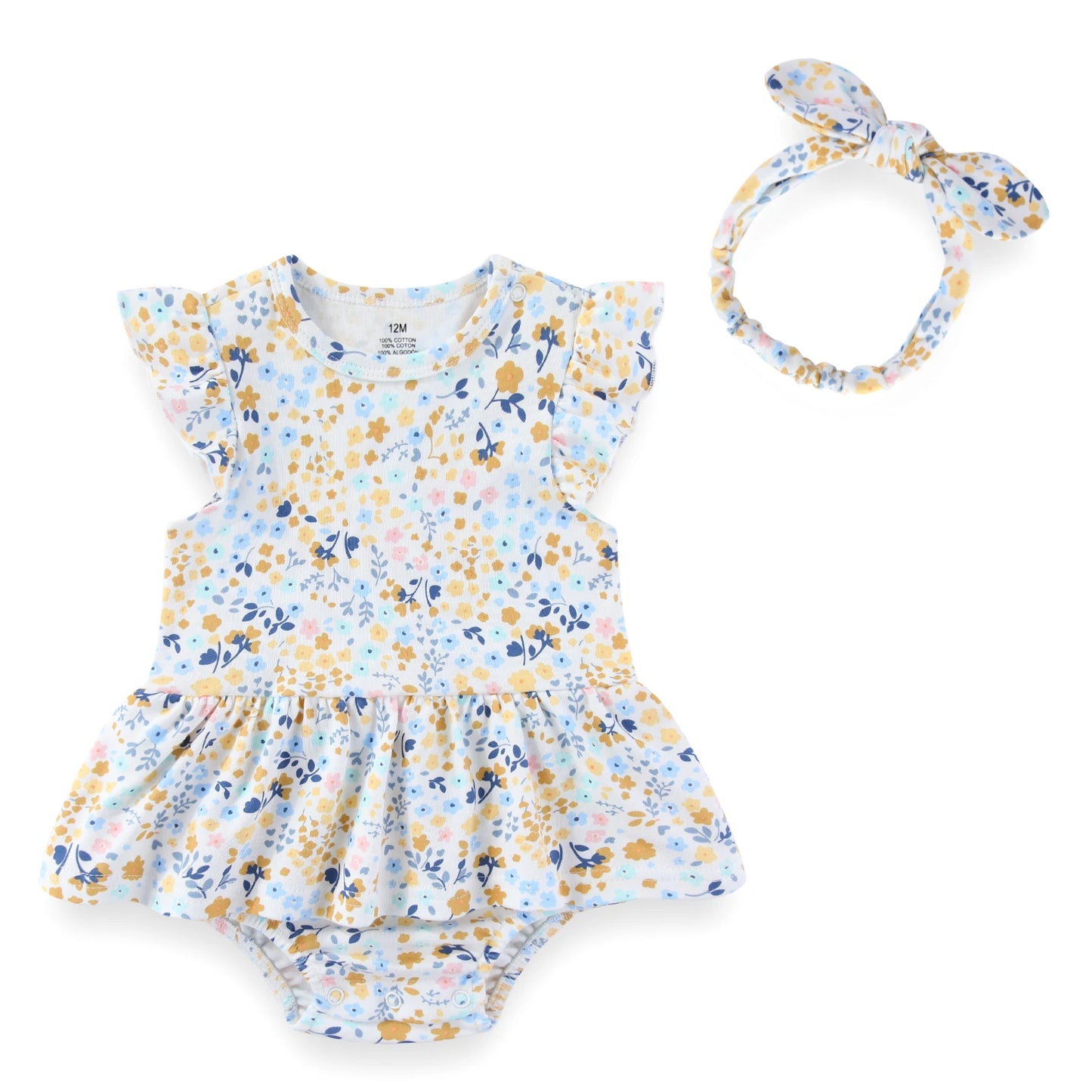 Baby Girl Cartoon Bodysuit & Bow Headband Set | Flutter Sleeve 100% Cotton 0-24M