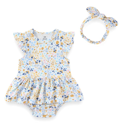 Baby Girl Cartoon Bodysuit & Bow Headband Set | Flutter Sleeve 100% Cotton 0-24M