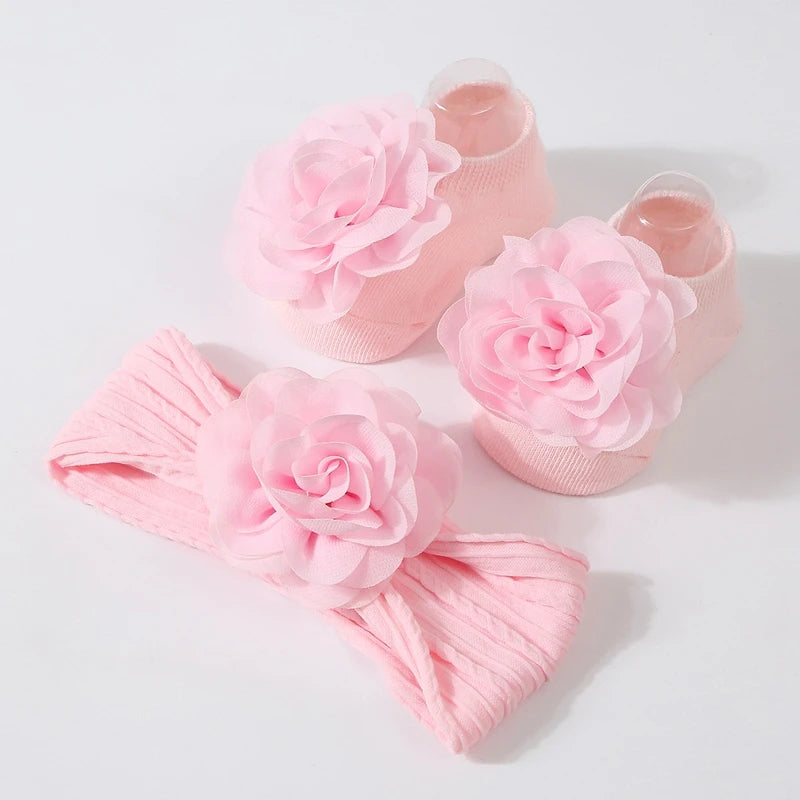 Baby Girl Flower Socks & Headband Set | Soft Knitted 2-Piece 0-12 Months