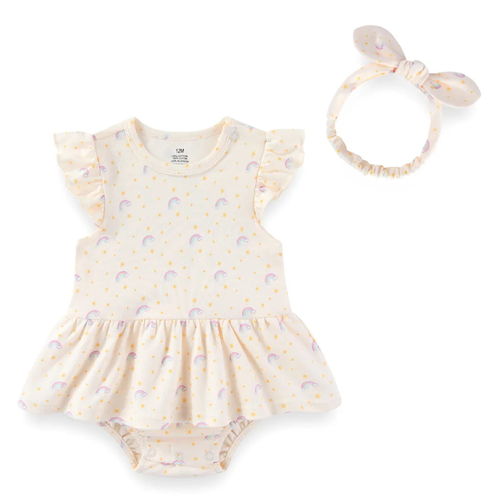 Baby Girl Cartoon Bodysuit & Bow Headband Set | Flutter Sleeve 100% Cotton 0-24M