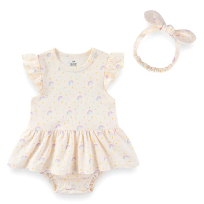 Baby Girl Cartoon Bodysuit & Bow Headband Set | Flutter Sleeve 100% Cotton 0-24M