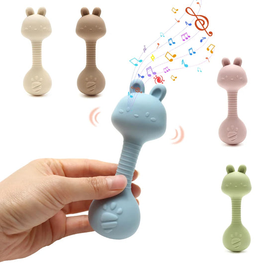 Baby Bunny Silicone Rattle Teether | Easy-Grip Dumbbell Toy for Infants