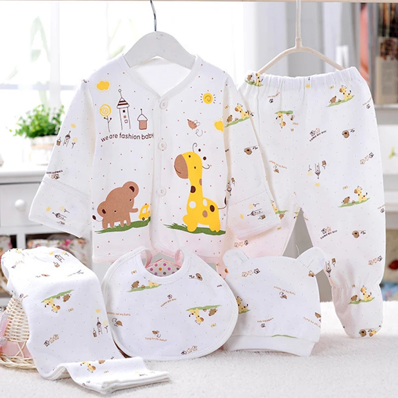 5-Piece Newborn Baby Clothing Set | Cartoon Cotton Tops & Pants 0-3 Months